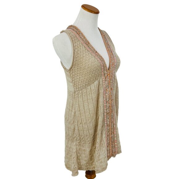 RARE Vintage Free People Beige Embellished Sequin Trim & Keyhole Back Boho Knit - Picture 2 of 15